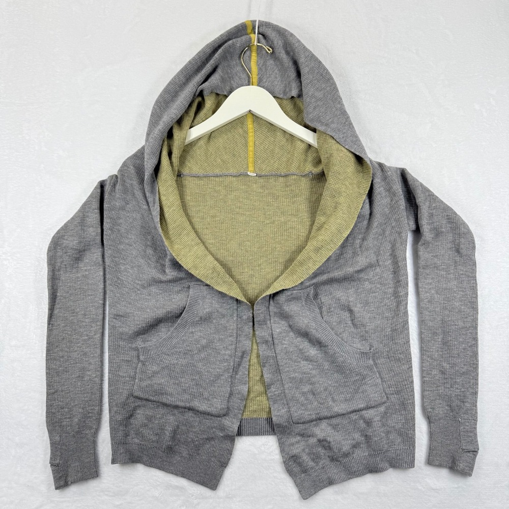 Lululemon Reversible Hooded Cardigan‎ Gray Olive Green Knit Open Front Sz M READ